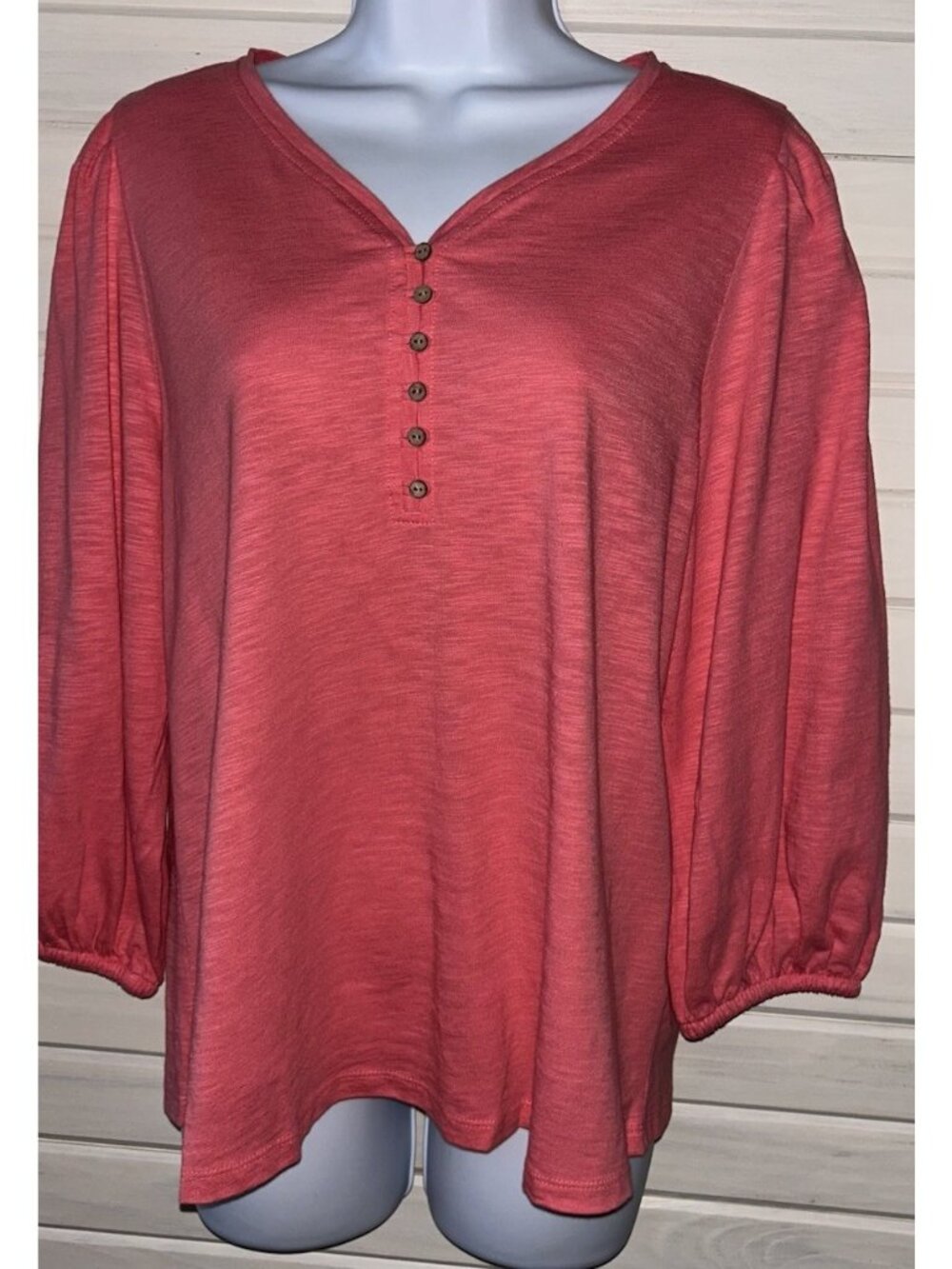 Soft Surroundings Sz PETITES LARGE PL Coral Slub Knit Pullover Tunic V-Neck EUC